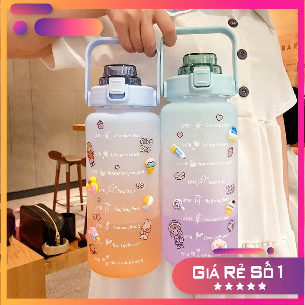 Bình nước 2 lít dành cho người lười uống nước bình nước cute 2L có ống hút, vạch chia nhắc giờ