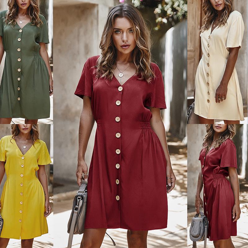 Fashion Women Summer Solid Color Dress V Neck Short Sleeve Buttons Ruched High Waist Casual Mini Dress