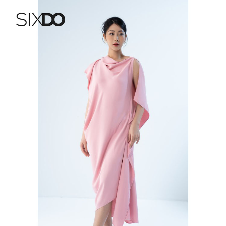 Đầm lụa hồng midi xẻ tà SIXDO