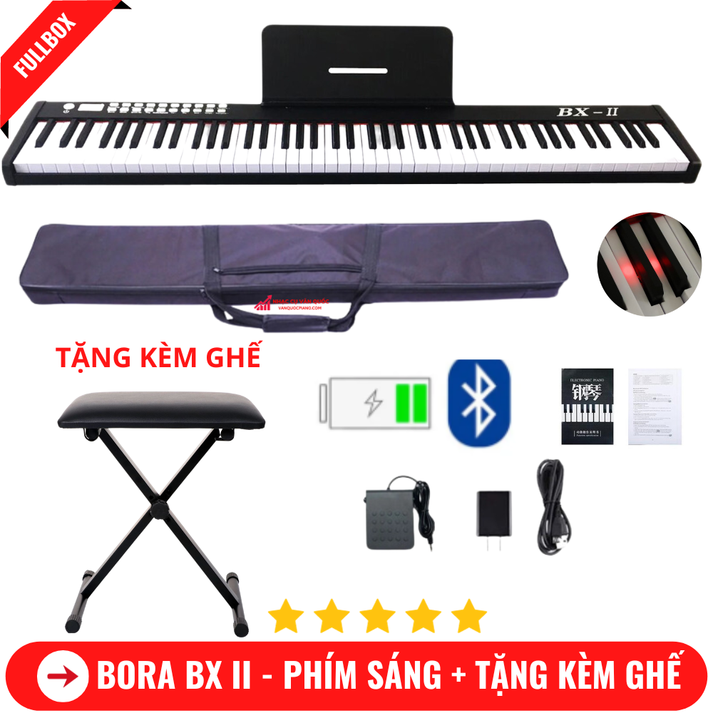 Đàn Piano Điện Bora BX II Phím Sáng - 88 Phím Nặng Cảm Lực- Kết Nối Bluetooth + Chân Đàn