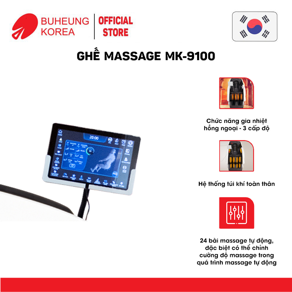 Ghế Massage thương gia Buheung MK-9100 4D King Royal, hệ thống túi khí, 24 bài massage tự động, bảo hành chính hãng
