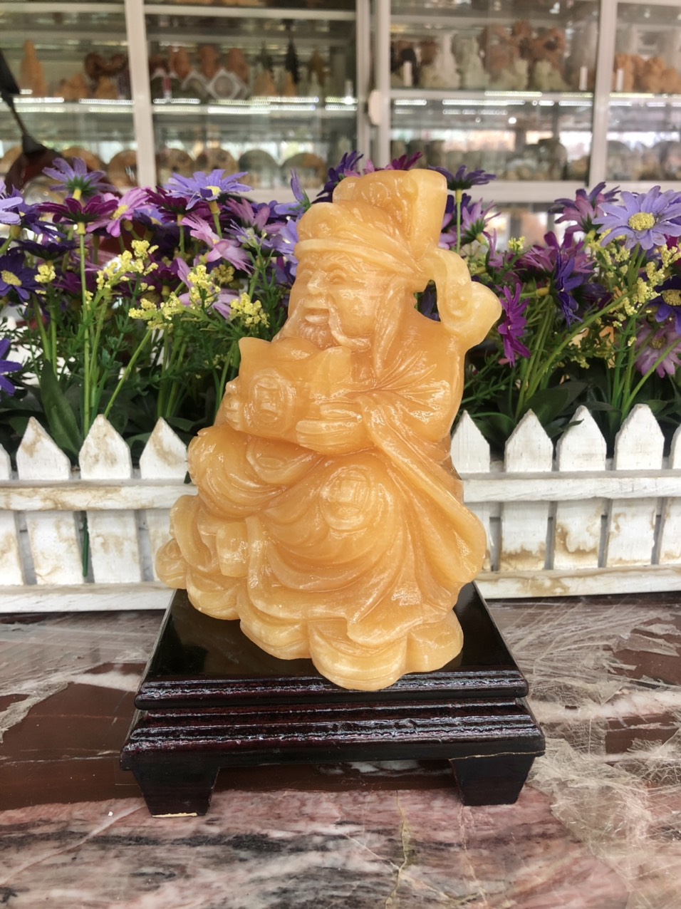 Tượng ông Thần Tài kim tiền, thần phát, thần tiền cầm thỏi vàng phong thủy đá ngọc hoàng long đặt bàn thờ thần tài - Cao 15 cm
