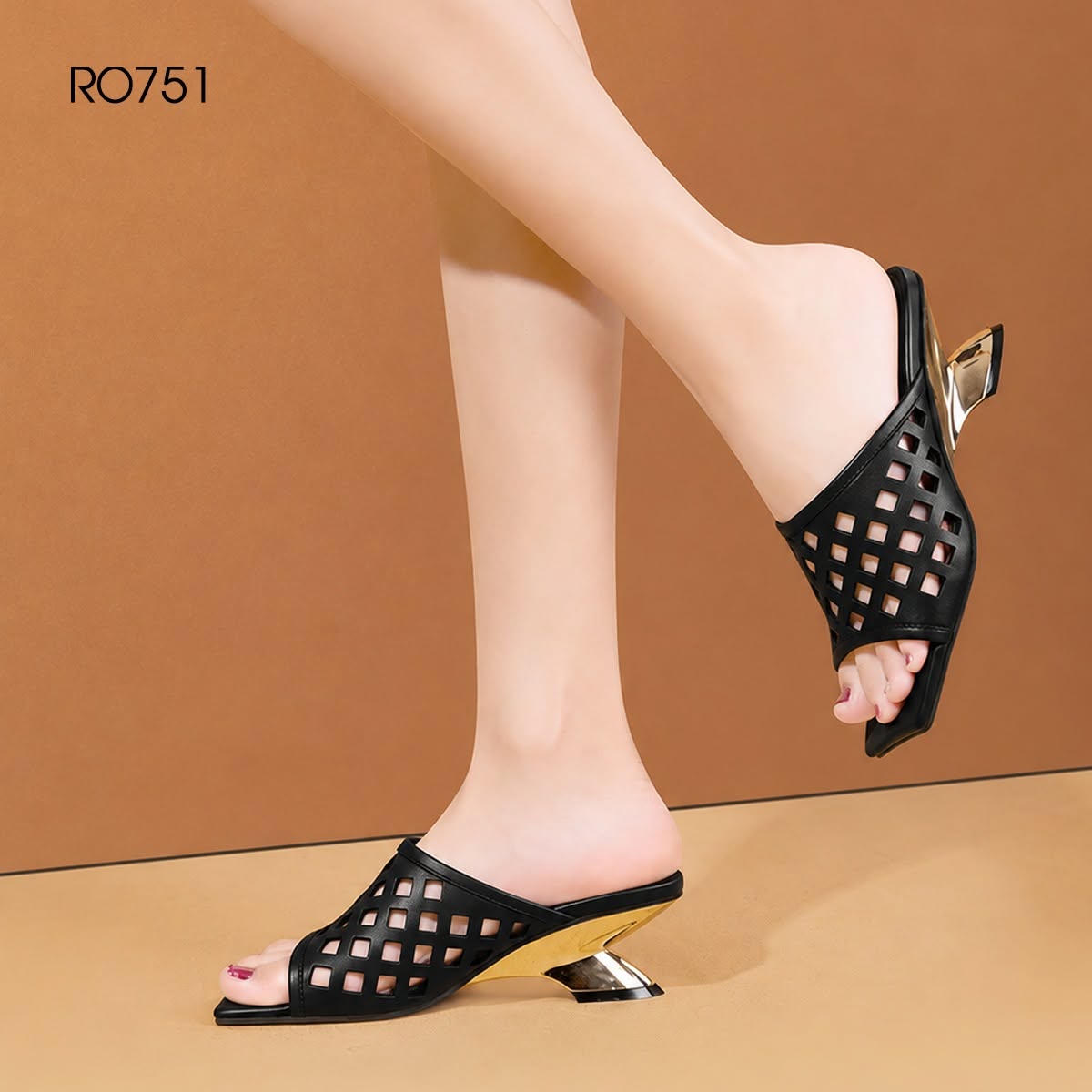 Dép cao gót nữ cắt laze ROSATA RO751 - 5p - Đen, Vàng - BKSTORE - HÀNG VIỆT NAM