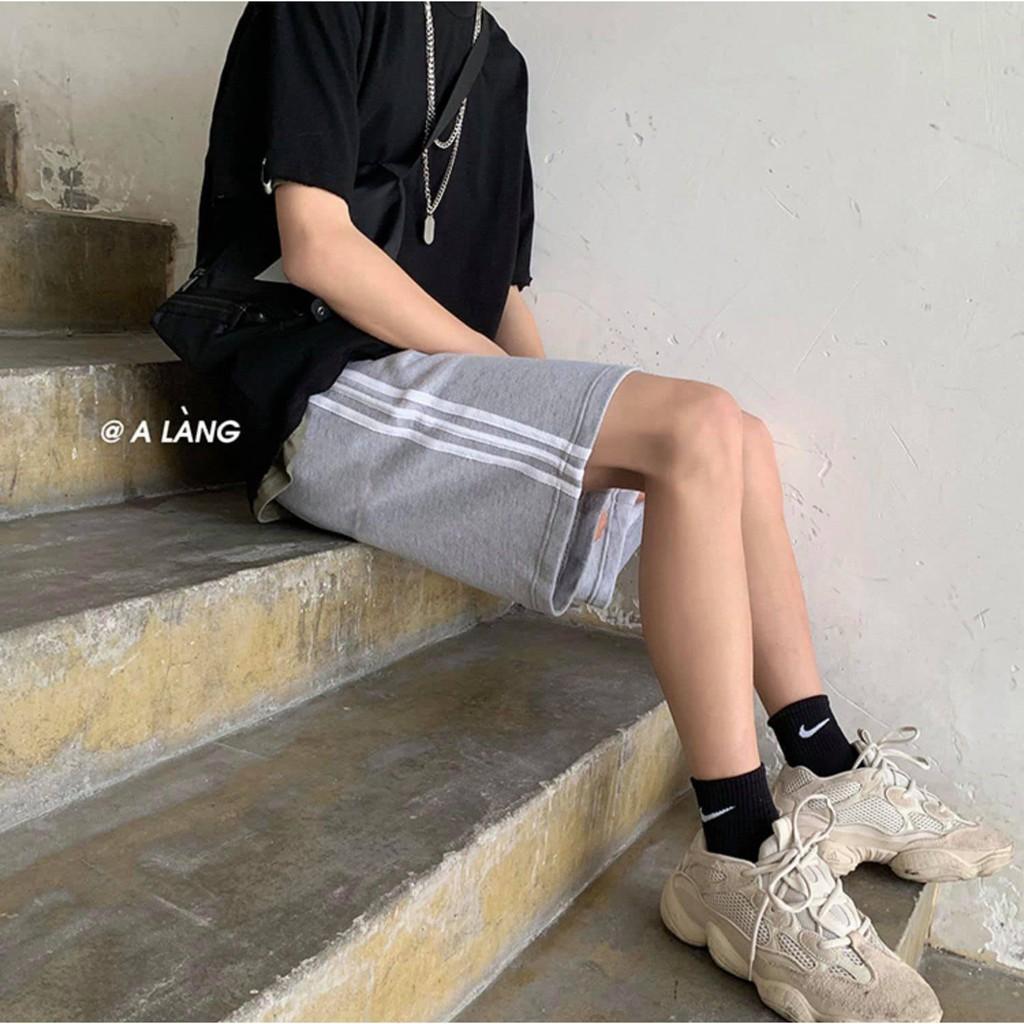 Quần Short thun Nam Nữ Unisex phối 3 sọc Trắng, Đen - Quần đùi lửng ống suông