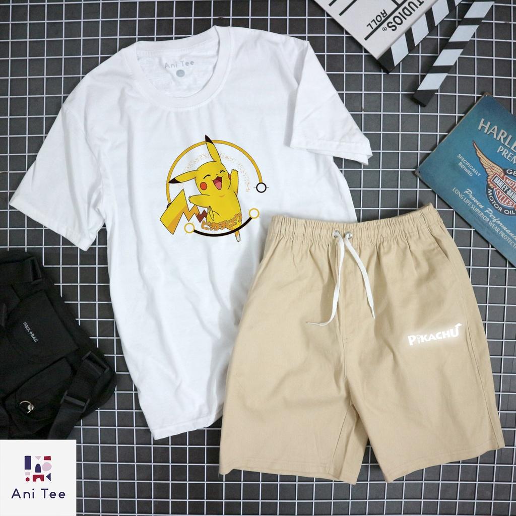 COMBO ÁO THUN COTTON + SHORT KAKI PIKACHU HOẠT HỌA