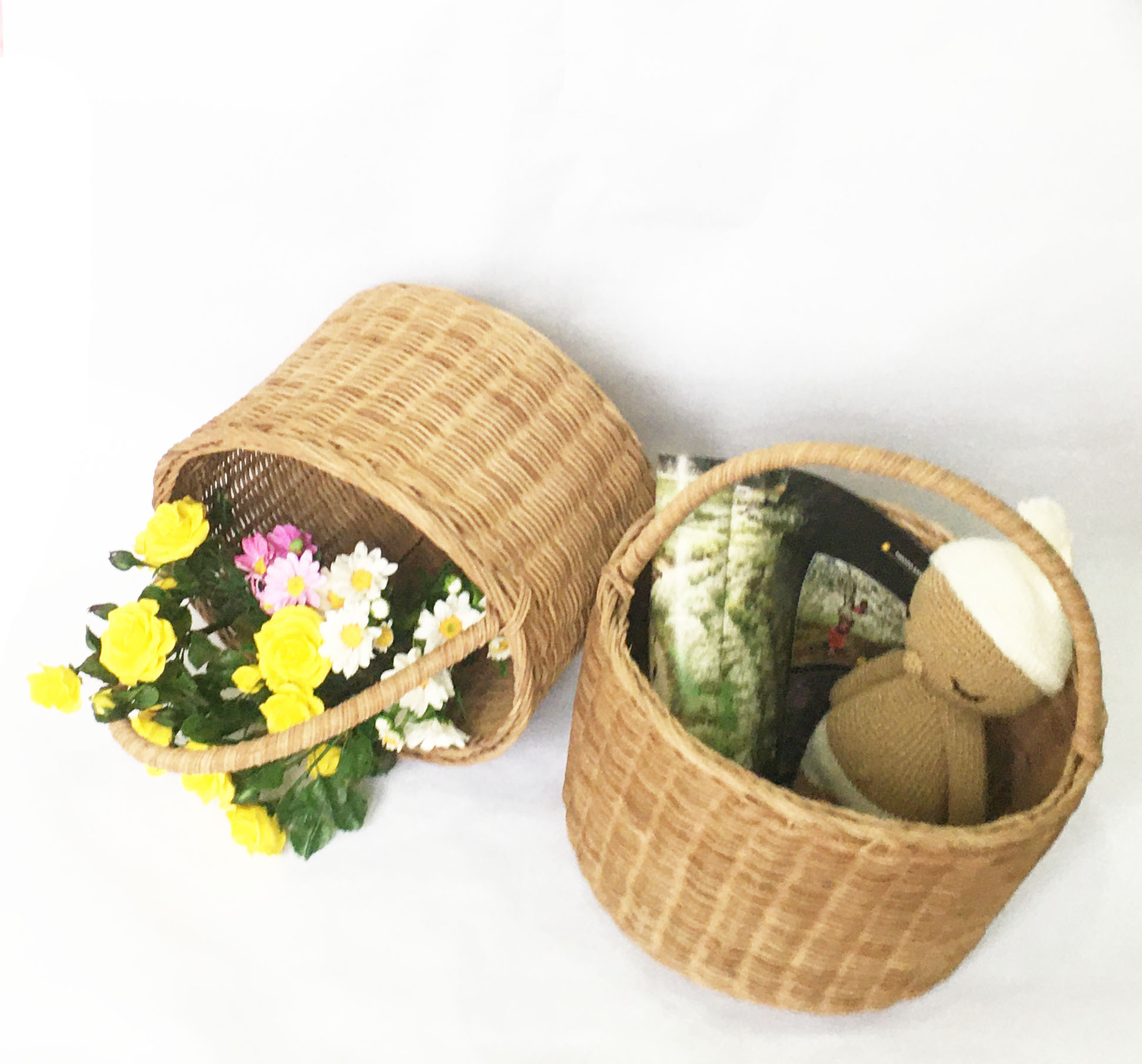 Giỏ picnic bằng mây tự nhiên vintage - sọt mây tròn đựng đồ đa năng có quai handmade