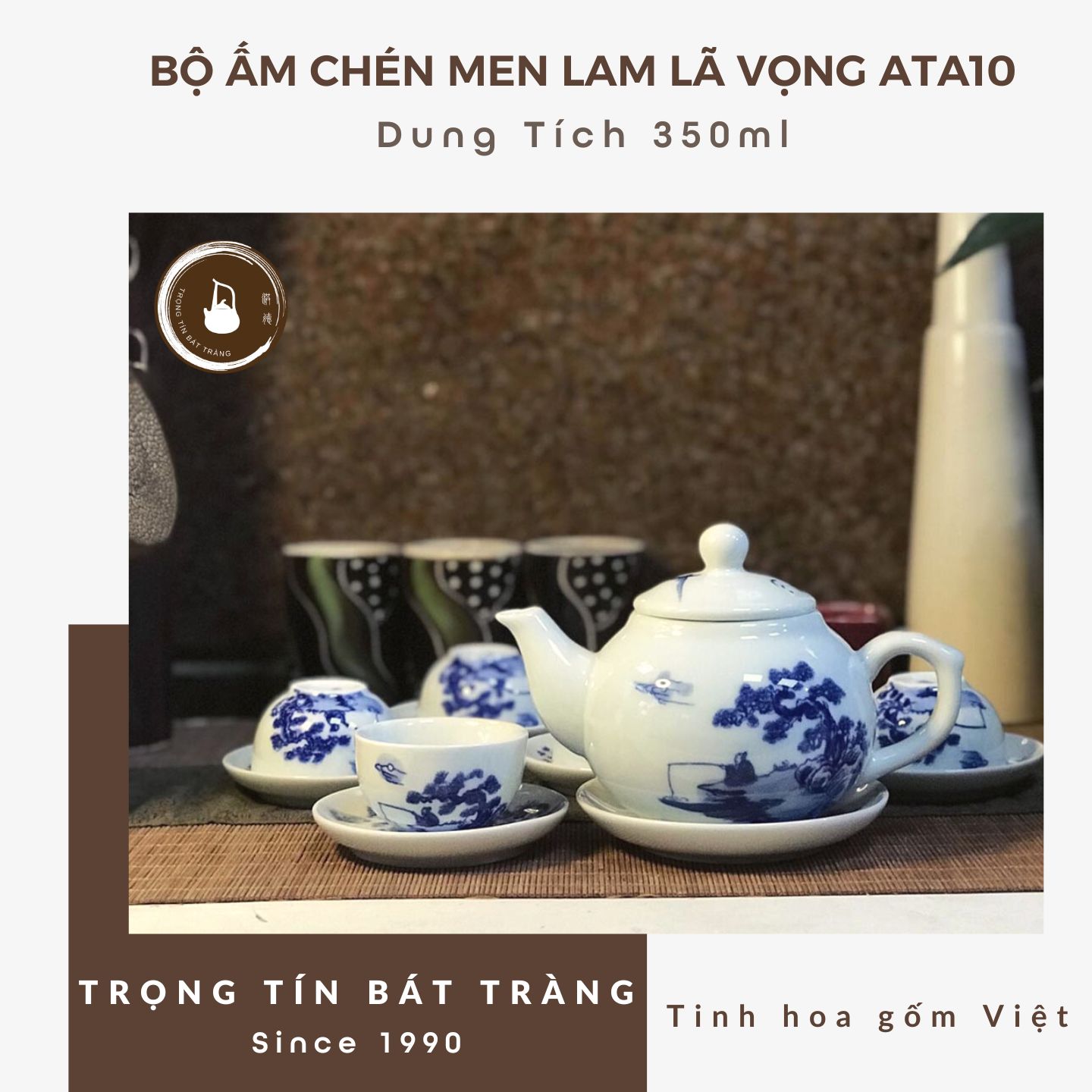 Bộ Ấm Chén Trà Đạo Gốm Trắng Men Lam Bát Tràng Lã Vọng Câu Cá Dáng Thủy Bình Dung Tích 350ml ATA 10