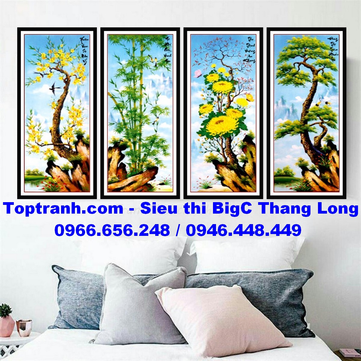 Tranh thêu chữ thập tứ qúy 4 mùa tùng trúc cúc mai LV3026 chưa thêu
