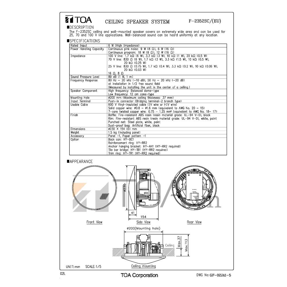 TOA F-2352C, loa âm trần tán rộng, công suất 30W, hàng chính hãng