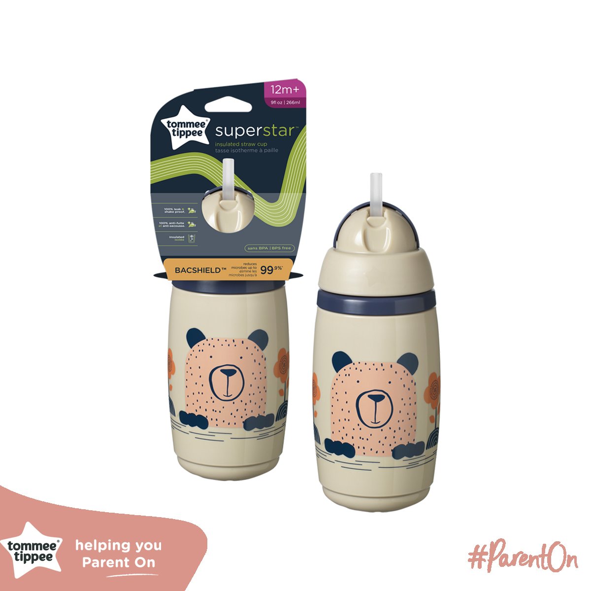 Bình uống nước giữ nhiệt có ống hút kháng khuẩn chống tràn, chống sặc Tommee Tippee SuperStar, 266ml, cho bé từ 12 tháng – Xám