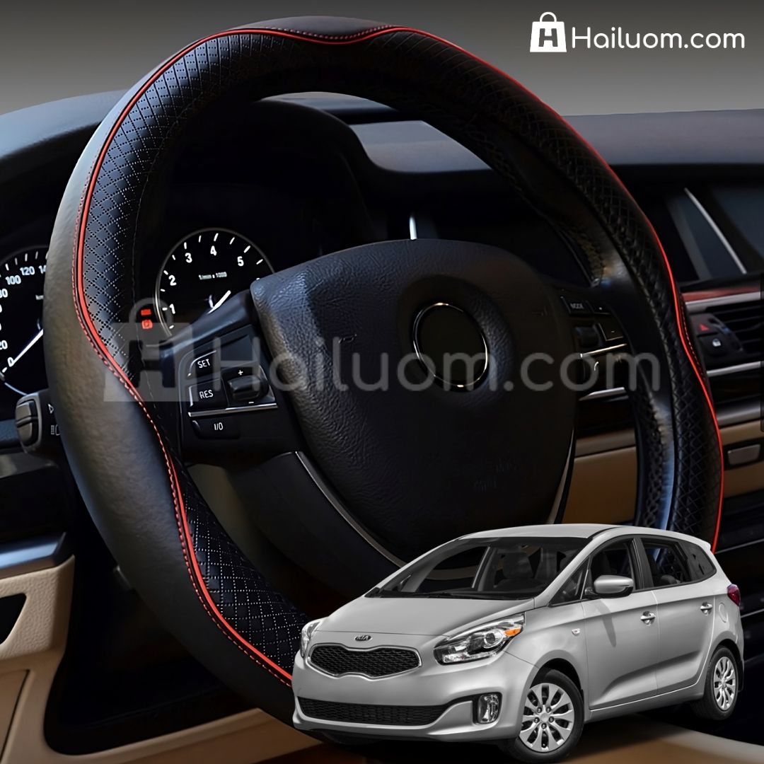Bọc Vô Lăng ô tô cho KIA RONDO Da Thật Cao Cấp - Màu Đen Chỉ Đỏ