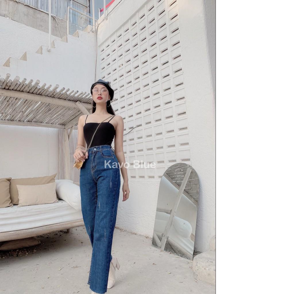 Quần Jean Nữ Cạp Cao Suông Xước KAVO BLUE Siêu Co Giãn 4 Chiều