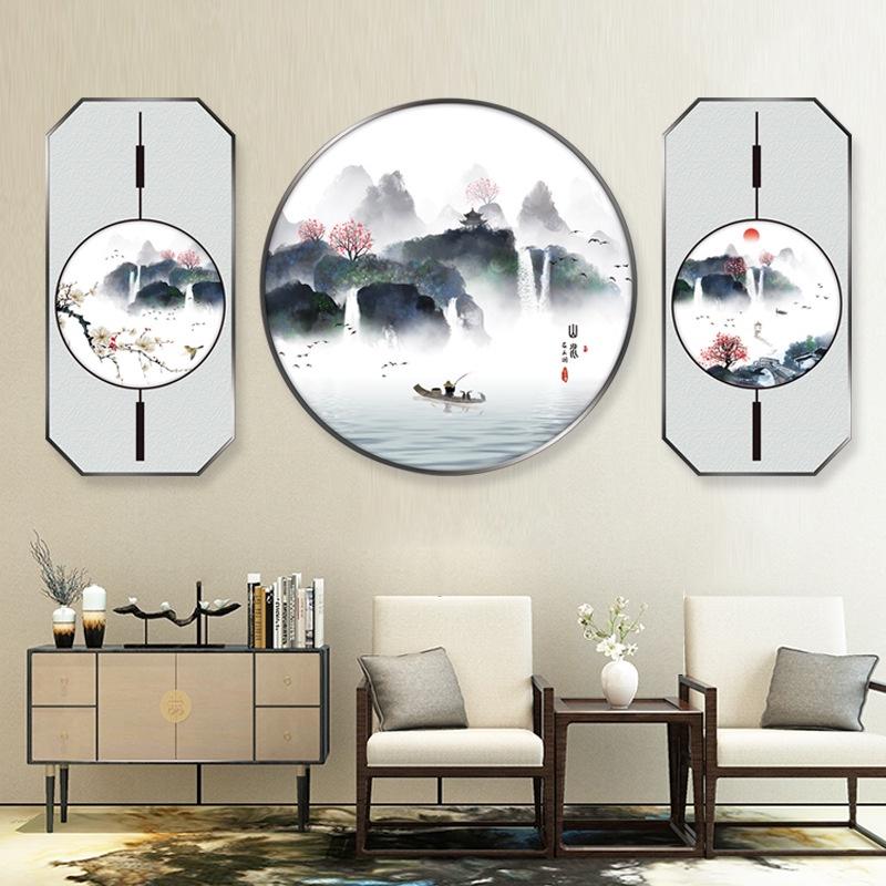 Decal Trang Trí Phòng Khách 3D Tranh Thủy Mặc Sông Núi và Ông Lão Chèo Đò - AmyShop