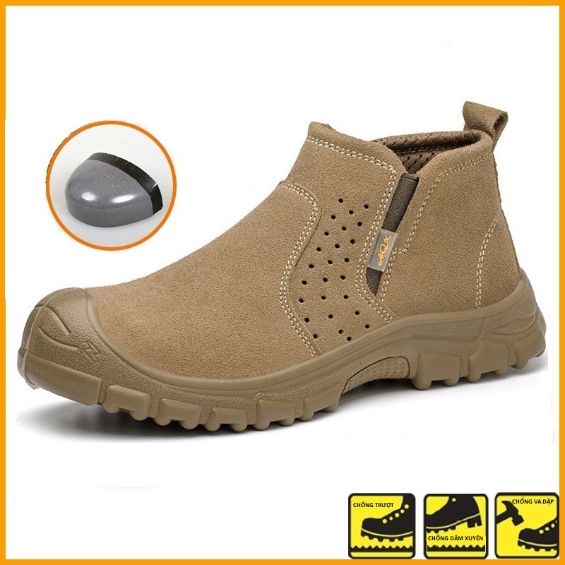 Giày Bảo Hộ Lao Động Nam GNBH15 Cổ Cao Chống Đinh,Va Đập Màu Be-Chất Liệu Da Lộn-Giày công trình đẹp
