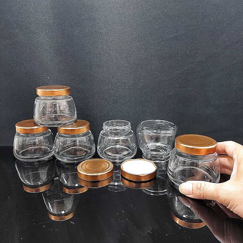 Lọ Thủy Tinh 150ML nắp thiếc màu đồng – vai thon, cực dày, siêu trong - Hủ Chưng Yến , Hũ Làm Sữa Chua , Lọ Đựng Sữa Chua , dầu dừa, thực phẩm, mỹ phẩm, gia vị