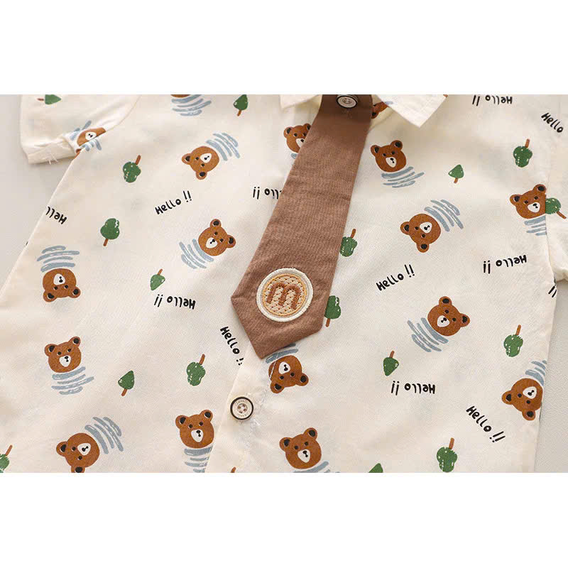SET ÁO SƠ MI HỌA TIẾT GẤU CÀ VẠT QUẦN ĐÙI KAKI CHO BÉ TRAI 1-5 TUỔI