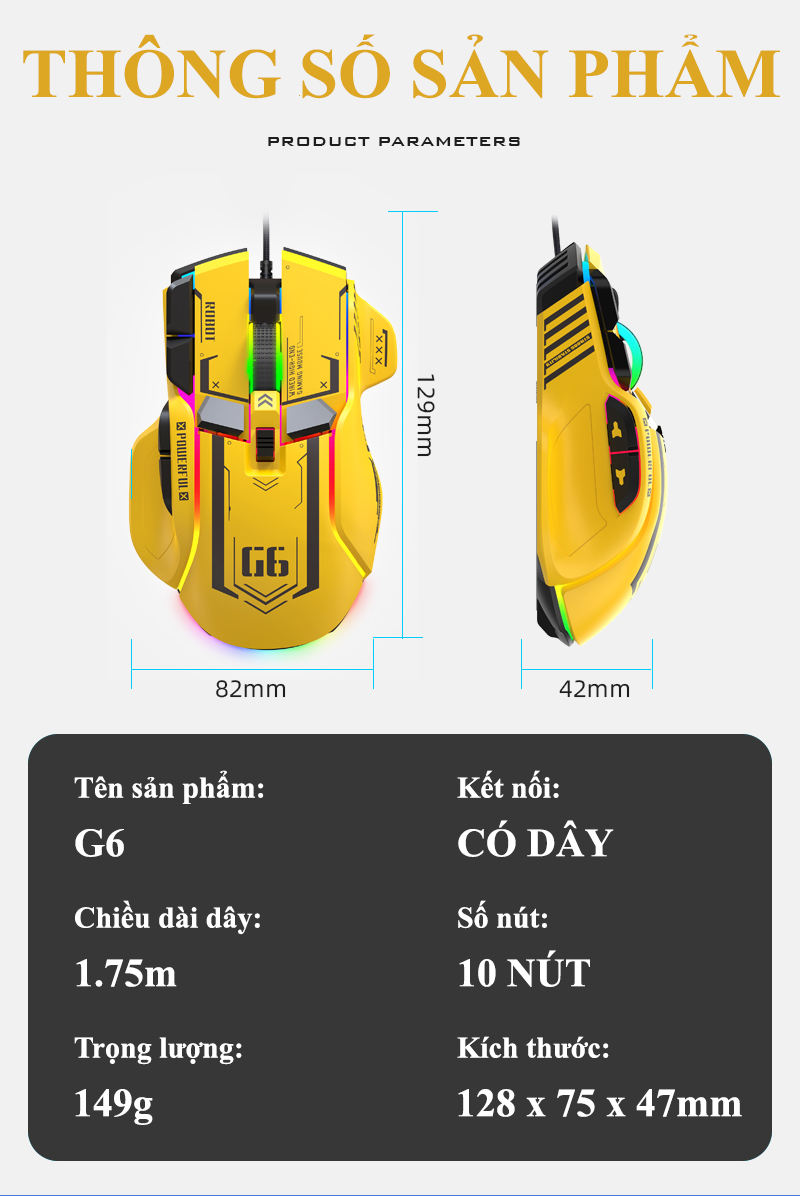 Chuột cơ chơi game G6S thiết kế robot cực ngầu với độ DPI lên đến 12800 kèm theo 13 chế độ đèn led RGB tùy chỉnh phù hợp cho các game thủ