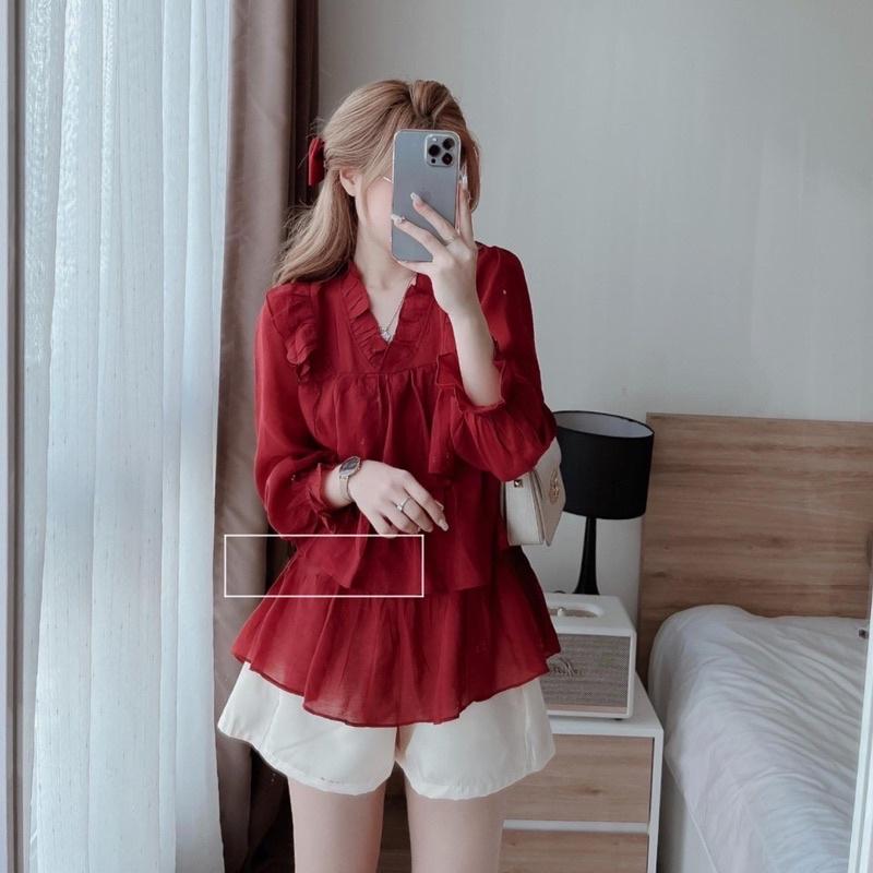 Set áo babydoll đỏ tầng cổ viền bèo kèm quần short kem lưng thun