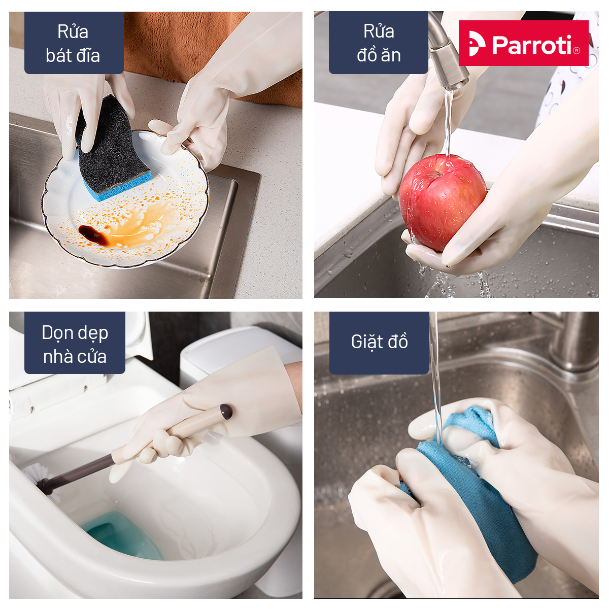 Găng tay cao su siêu dai rửa bát, bao tay cao su rửa chén, vệ sinh nhà cửa, an toàn, không mùi hôi Parroti Active AT01
