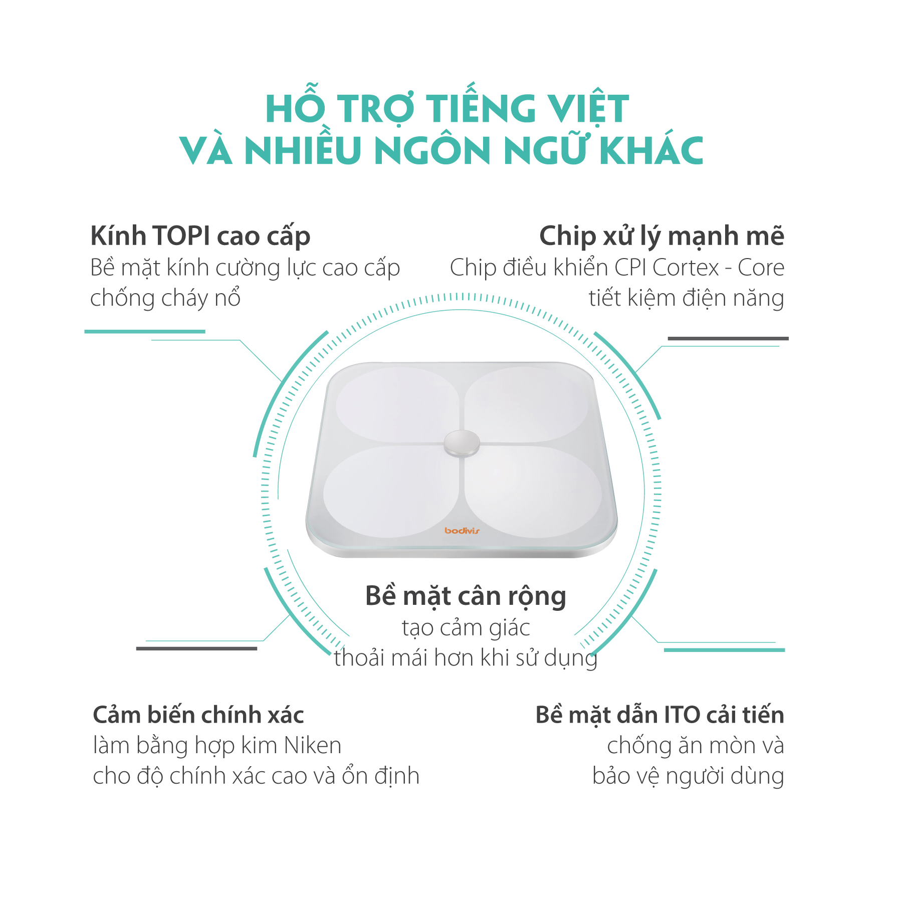 Cân sức khỏe có hướng dẫn tập luyện, ăn uống, thông minh, đo 21 chỉ số cơ thể, cao cấp chuẩn FDA - Bodivis chính hãng