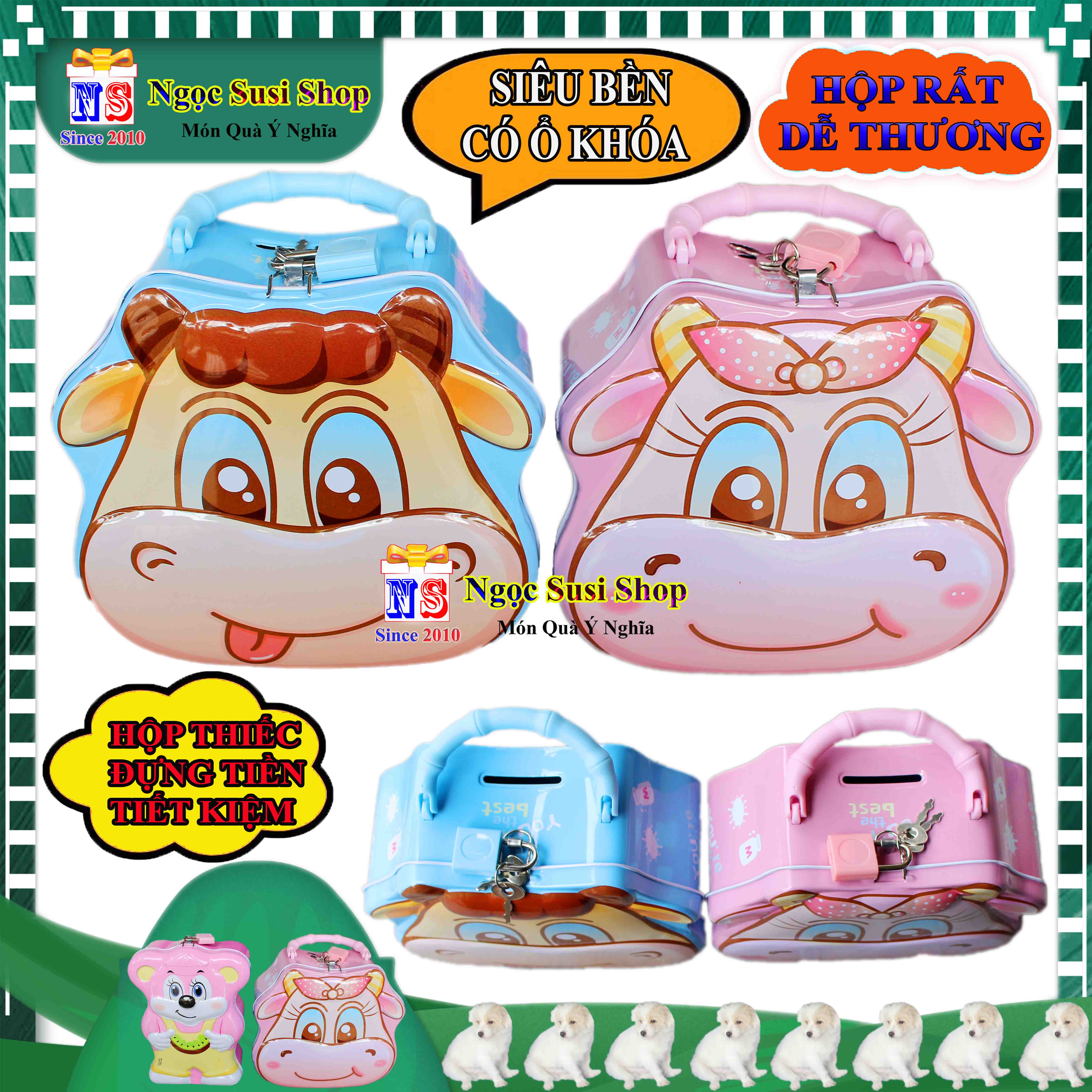 HỘP THIẾC TIẾT KIỆM HÌNH CON BÒ SỮA CON CHUỘT RẤT ĐẸP SIÊU BỀN - ỐNG HEO TIẾT KIỆM CÓ KHÓA