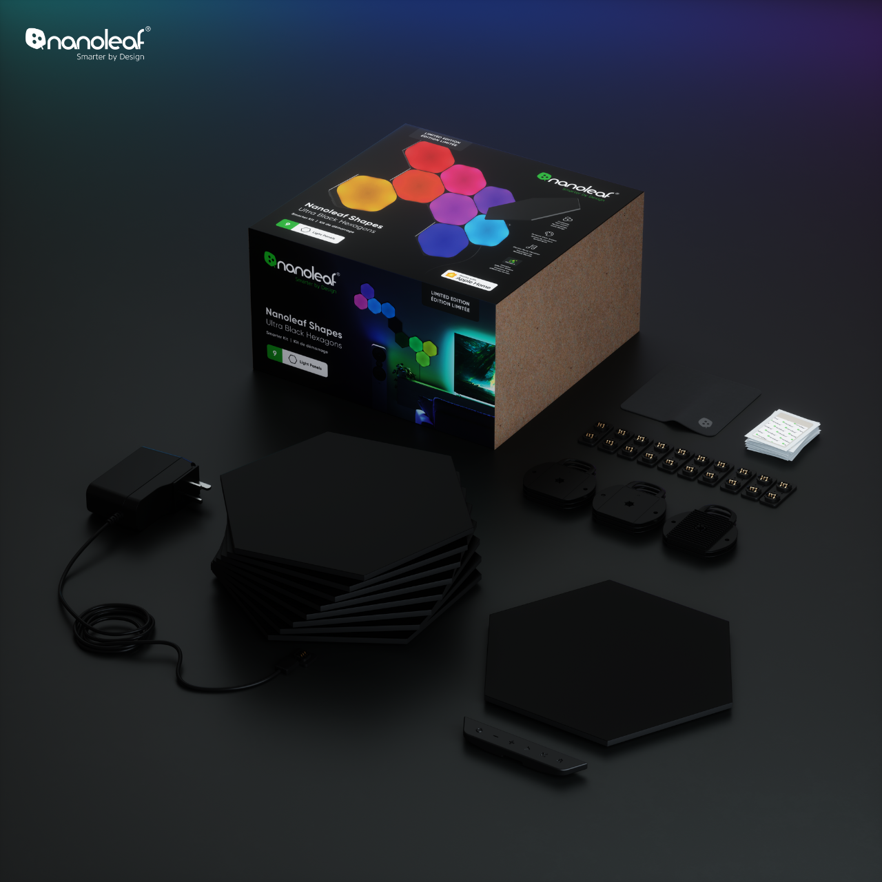Đèn LED RGB lắp ghép thông minh Nanoleaf Shapes Ultra Black Lục Giác 9 ô đèn