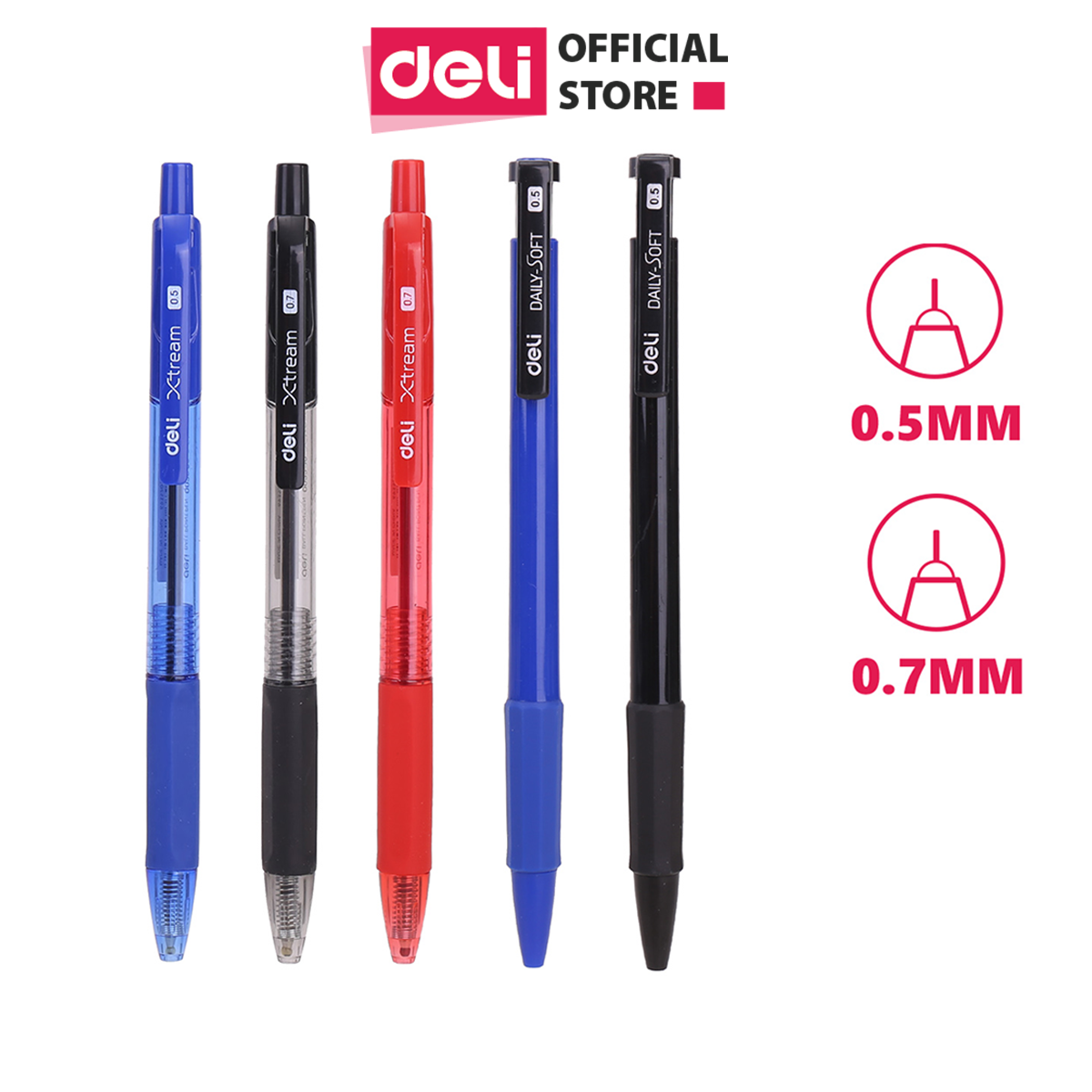 Bút bi dầu Deli - 0.5mm/0.7mm đầu bấm - đệm tay TPR êm ái - mực Xanh/Đen/Đỏ - 12 chiếc/hộp