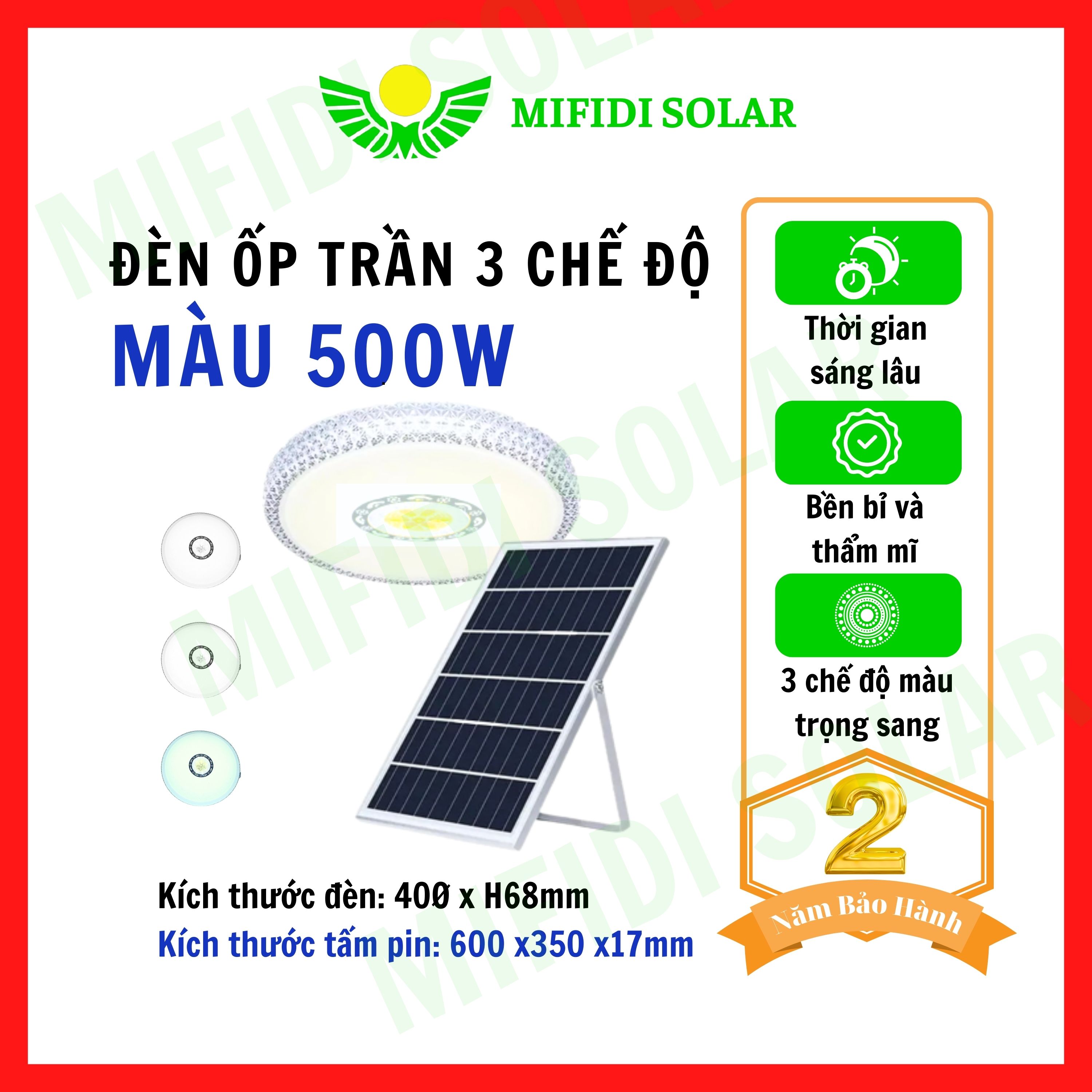 Đèn Năng Lượng Mặt Trời MIFIDI | Đèn Ốp Trần 500W 3 chế độ màu mẫu mới OT500