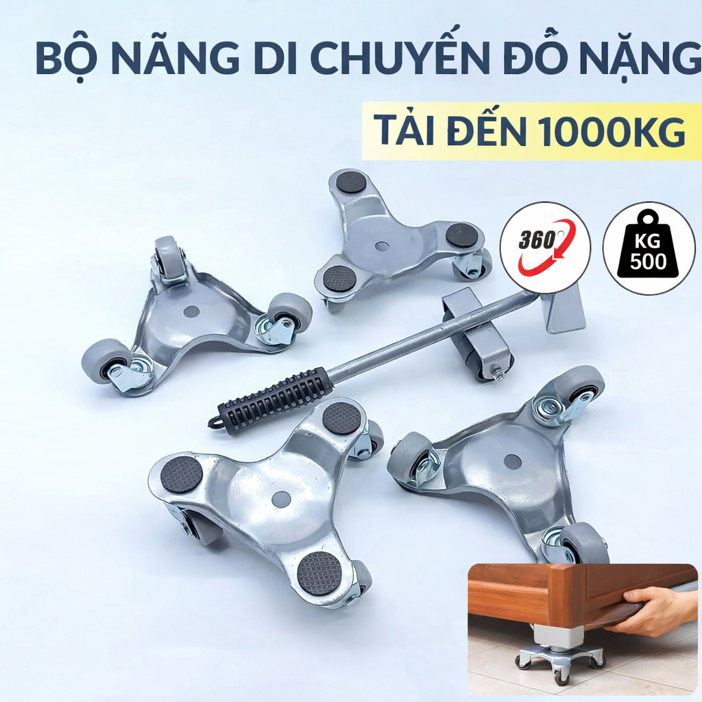 Bộ kích nâng và bánh xe di chuyển đồ nặng thông minh 360 độ - Tải đến 1000kg, thép siêu cứng, hỗ trợ dọn nhà đa năng