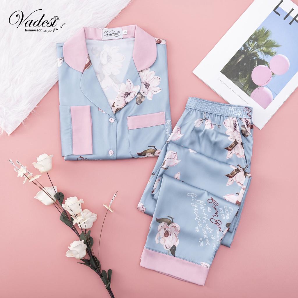 Bộ Đồ Ngủ Nữ Pijama Dài Tay Lụa Cao Cấp Họa Tiết Đẹp Chất Liệu Mát Mềm Mịn Thấm Hút Co Giãn Nhẹ Dáng Đẹp - VADESI