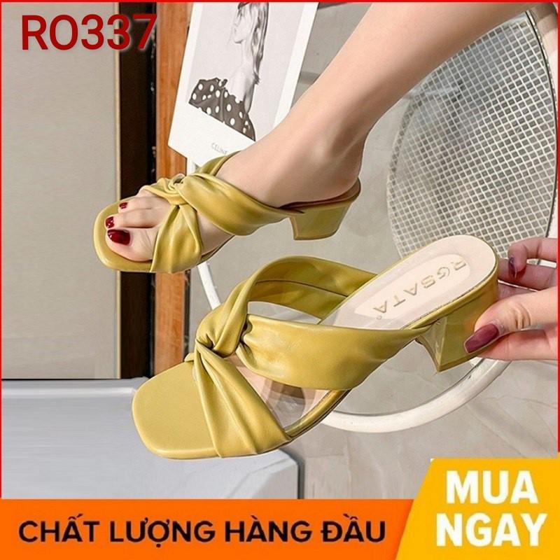Dép nữ cao gót quai ngang 5 phân hàng hiệu rosata hai màu kem vàng ro337