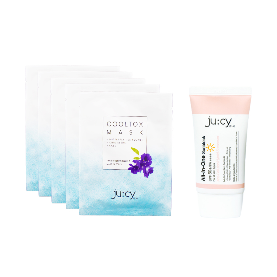 Combo Kem Chống Nắng Hàn Quốc Dưỡng Da Ju:cy All In One Sunblock và 5 Mặt Nạ Ju:cy Cooltox Mask