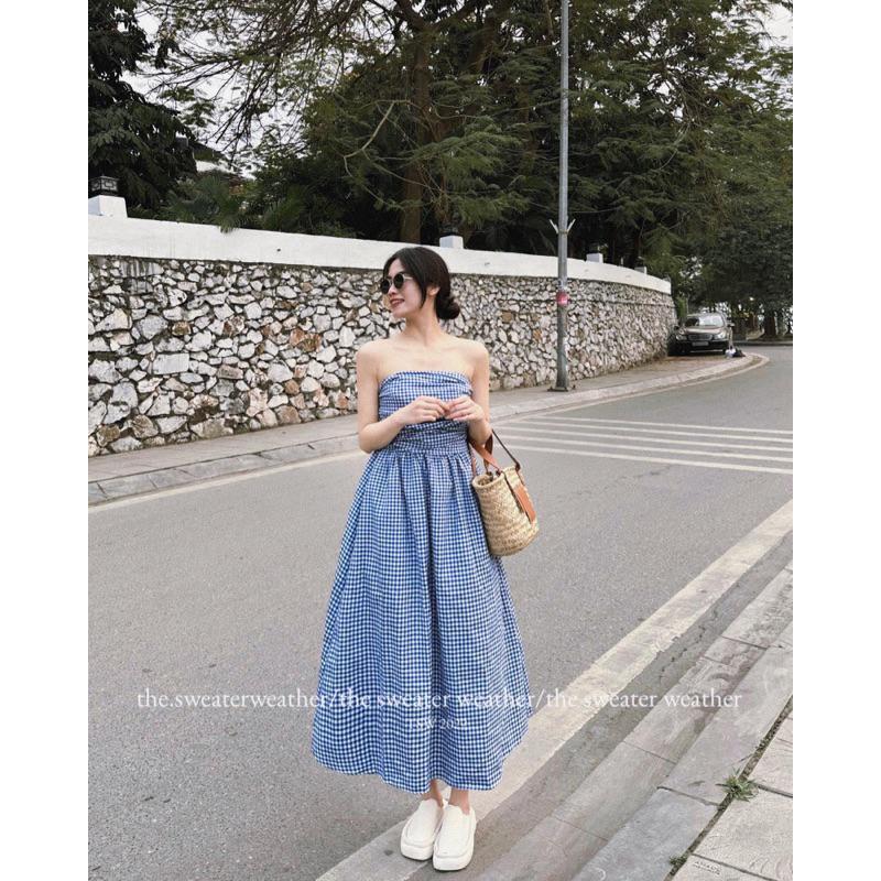 VÁY QUÂY KẺ CARO CÚP NGỰC CHUN LƯNG BỒNG XOÈ tiểu thư