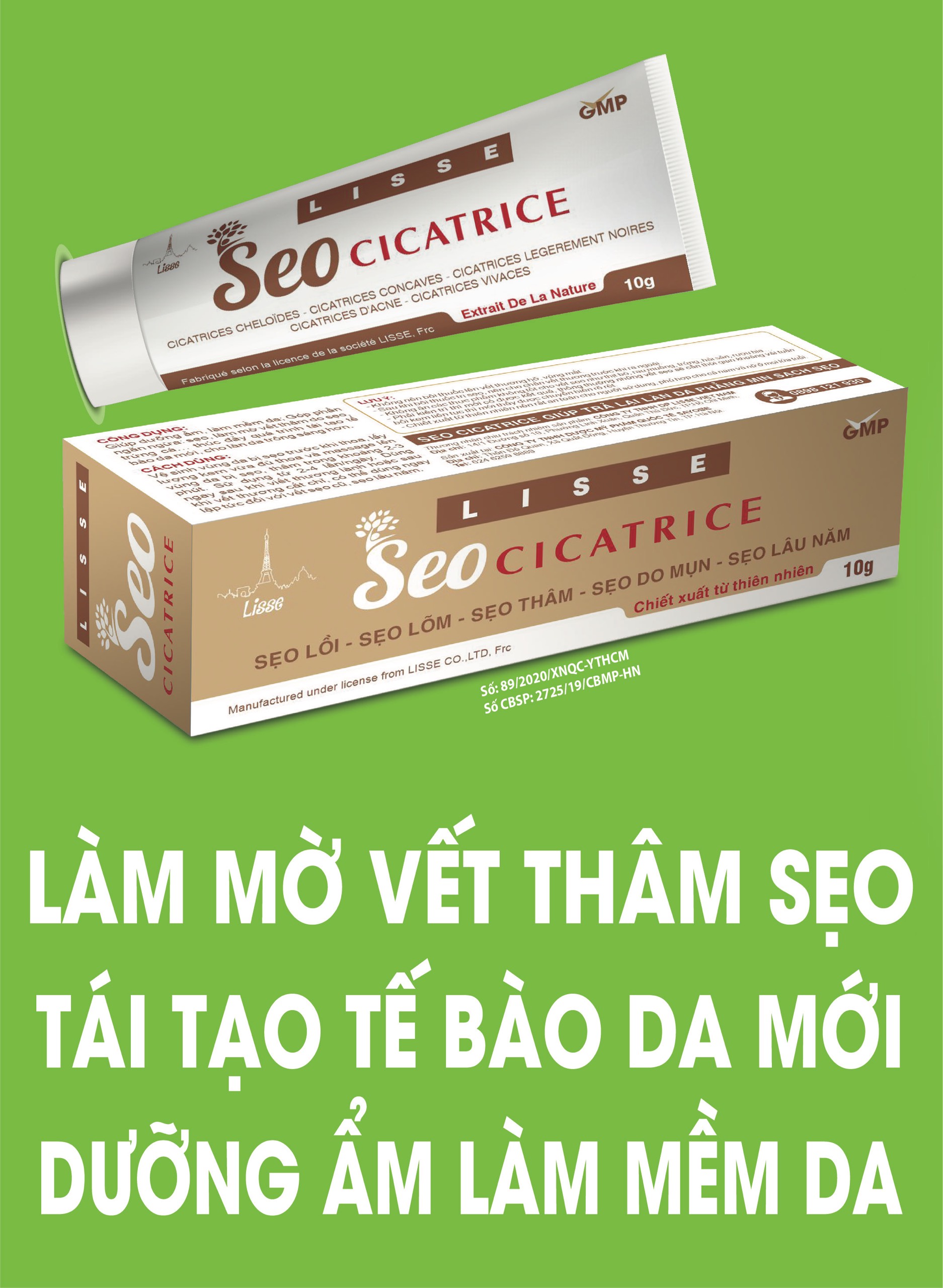 Lisse ￼Sẹo Cicatrice Lisse ( tube 10 gam) - làn da phẳng mịn ,sạch sẹo lồi, sẹo lõm, sẹo thâm do mụn, sẹo lâu năm