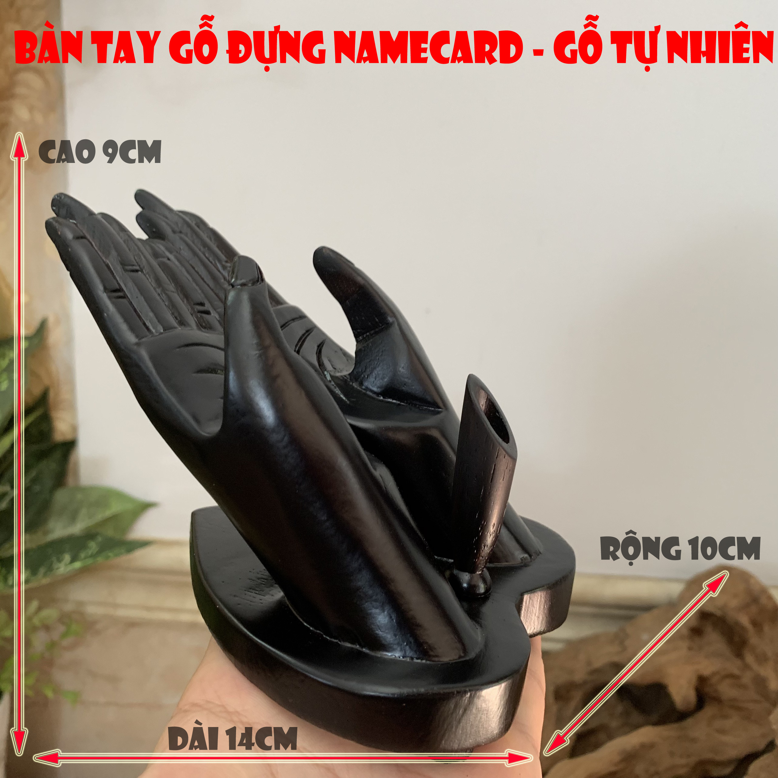 Bàn tay gỗ trang trí để name card trang trí card visit + kèm cắm bút gỗ - Dài 14cm - Gỗ tự nhiên