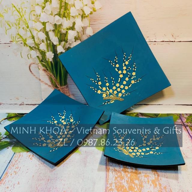 Set 3 Đĩa Vuông Cong Sơn Mài Hoa Đào Cẩn Trứng - Cherry Blossom Lacquer Tray