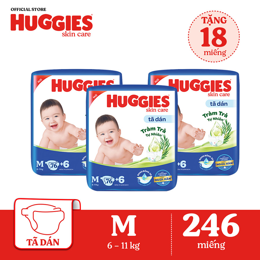 Combo 3 Tã dán Huggies Skincare Super Jumbo M 76+3 Miếng