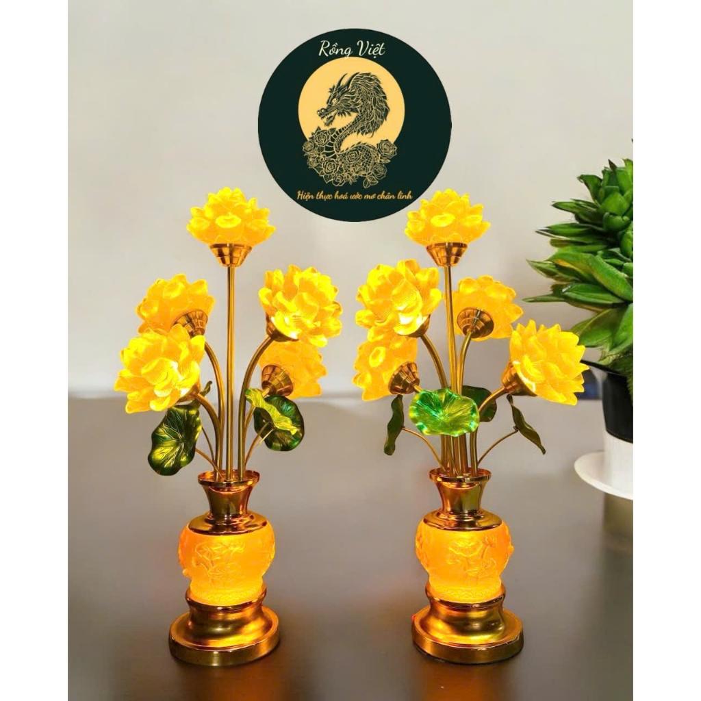 Đèn hoa sen 5 bông bình ngọc lưu ly RỒNG VIỆT, đèn sen thân hợp kim cao 55cm cao cấp