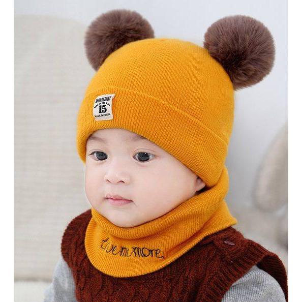 Mũ len hai quả bông kèm khăn ống