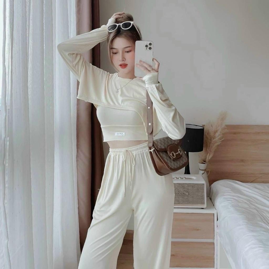 Sét Đồ Nữ Đẹp, Sét Bộ Áo Croptop Tay Dài Kèm Quần jogger Cho Nàng Đi Chơi GKM FASHION