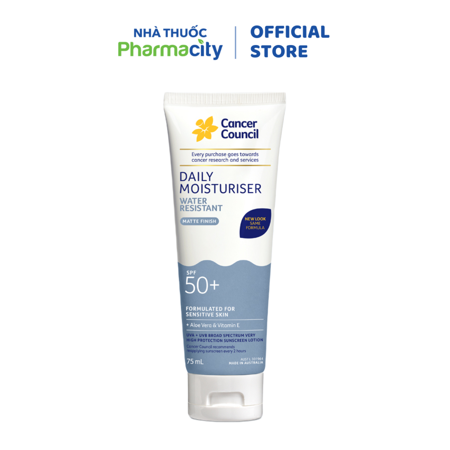Kem Chống Nắng Cancer Council Daily Moisturiser Watter Resistant Kháng Nước, Dưỡng Ẩm SPF50+ (Tuýp 75ml)