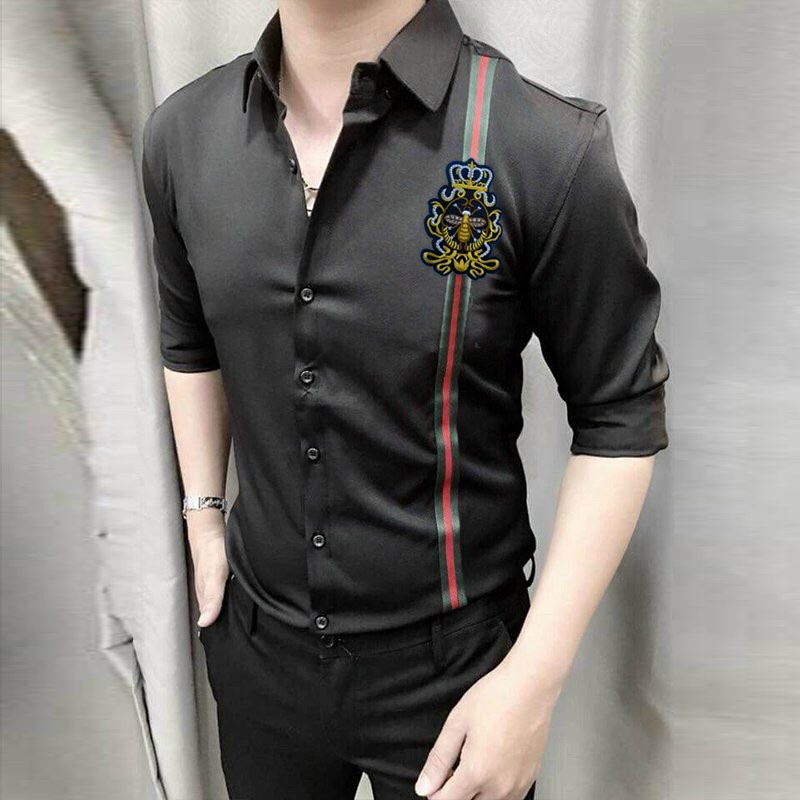 Áo sơ mi nam tay dài viền giữa họa tiết ong