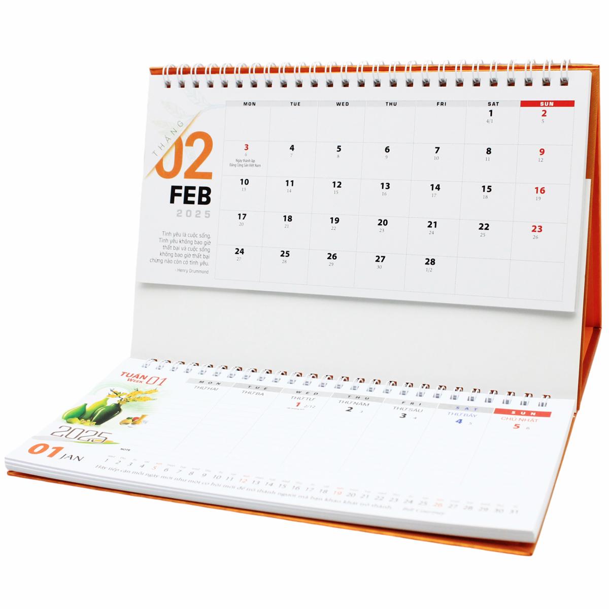 Lịch Bàn 2025 Có Note - Lộc Biếc Hoa Xuân - Văn Lang VL-LB16 - Đế Màu Cam