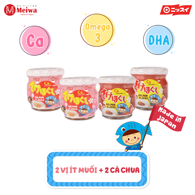 Combo 4 lọ ruốc cá hồi Meiwa gồm: 2 lọ vị ít muối + 2 lọ vị cà chua bổ sung DHA, EPA, omega-3, Ca cho bé từ 15 tháng chính hãng