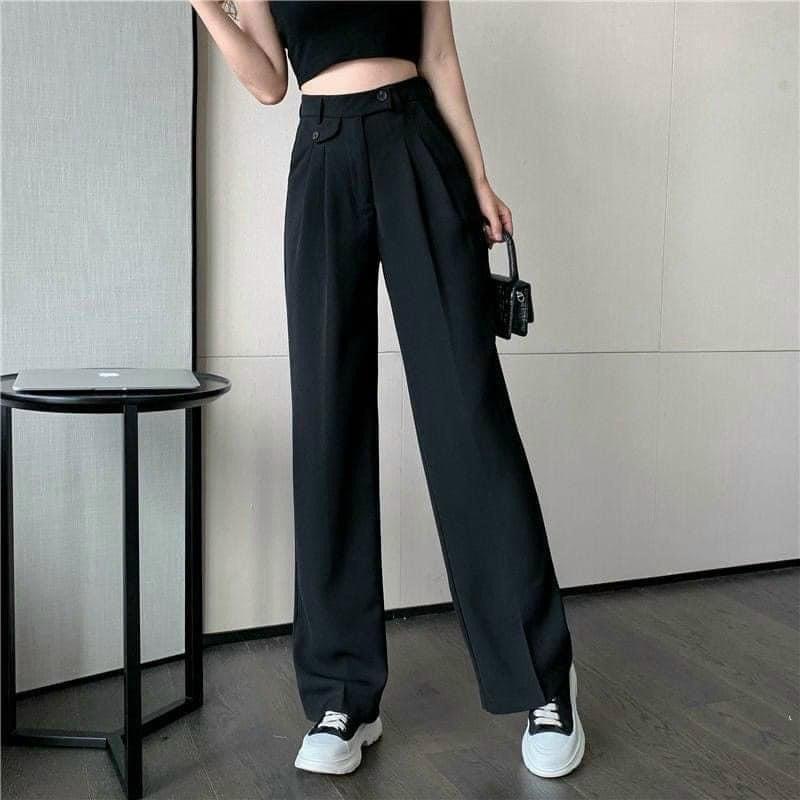 Quần tây nữ ống rộng dài 100cm lưng cao cạp lệch túi nắp trước 2 khuy độc lạ-Kèm ảnh thật khách mặc