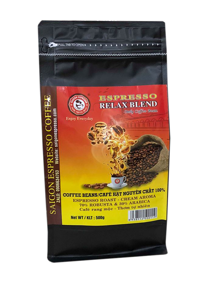 Cà phê bột nguyên chất, rang mộc Relax Blend - Saigon Espresso. Túi 500g, Cà phê không hương liệu, không độn đậu, bắp, không chất bảo quản. 