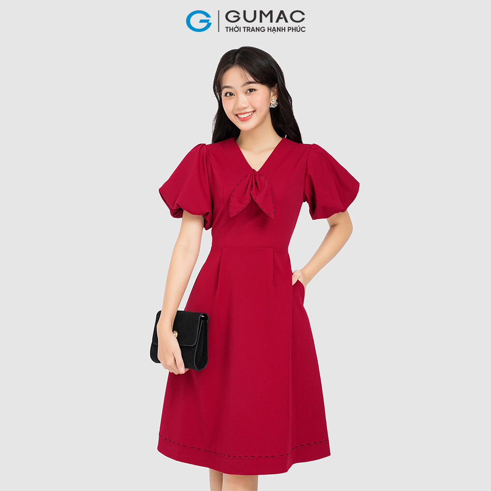 Đầm nơ cổ phối chỉ GUMAC DC08037 form A luôn chỉ đính nơ