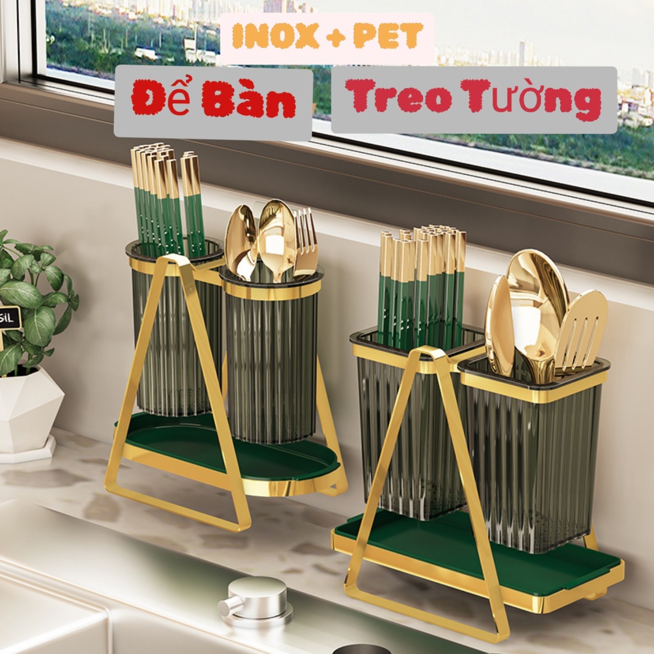 Giá Đựng Đũa Thìa Dĩa 2 Ngăn xanh cổ vịt Inox 304 Cao Cấp - Có Thể Dán Tường