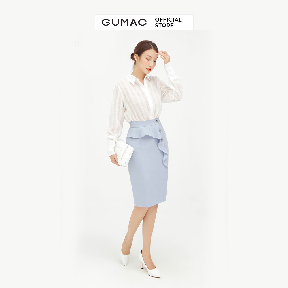 Chân Váy nữ GUMAC VB513 bèo phối nút màu xanh ôm body