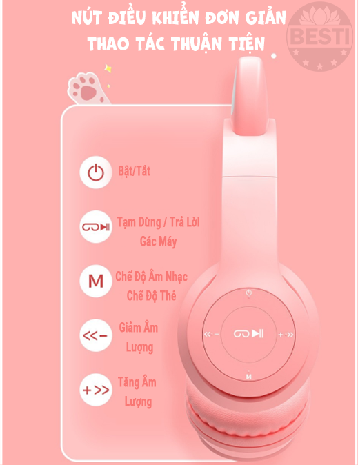 Tai Nghe Bluetooth Tai Mèo, Có Đèn LED Headphone - Tai Nghe Mèo Bluetooth Không Dây Dễ Thương Có Mic Đàm Hội Cao Cấp -  Tai Nghe Bluetooth Chụp Tai Không Dây - Hàng Chính Hãng Besti